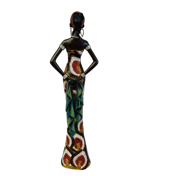 Handcrafted African Woman Figurine Wearing Traditional Print Dress 15" x 3 1/8" - Picture 5 of 7